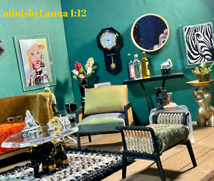 1:12 Dollhouse miniature wooden Art Deco rattan armchair and stool green