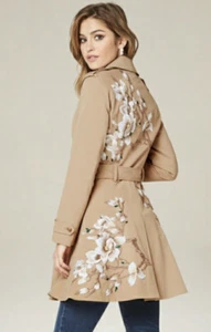 BEBE trench Coat - Sz.S- Beige - Beautiful Floral Embroidery 🌸✨Very CHIC! - Picture 1 of 6
