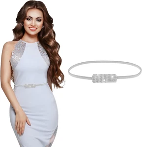 Women Skinny Metal Waist Belt Gold Thin Metal Chain Stretch Elastic Waistband... - Picture 1 of 9