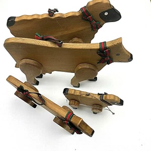 Vintage Wood Christmas Farm Ornaments Cows Lambs Articulated Legs Plaid Ribbon - Picture 1 of 10