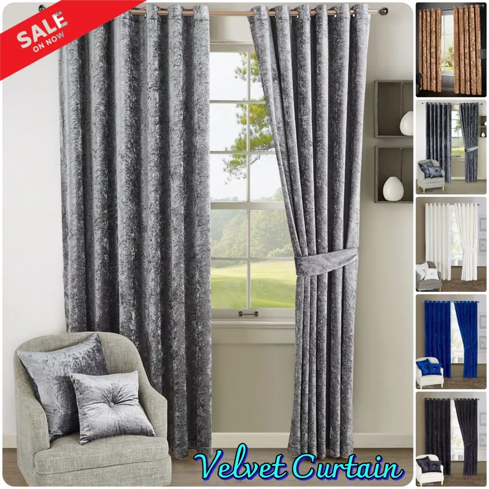 Sienna Crushed Velvet Curtains PAIR of Eyelet Ring Top Fully Lined Ready Made UK - Image 1 of 4