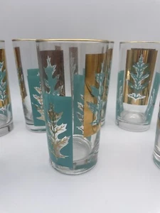 7 Vintage MCM 1950s Libbey Lace Leaf Glasses Gold Leaf Turquoise Aqua Leaves - Picture 1 of 8