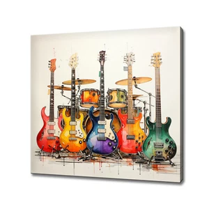 Musikinstrumente Schlagzeug Gitarren bunt Aquarell Leinwandbild Wandbild - Bild 1 von 9