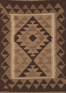 Natural Dye Brown Kilim Reversible Hand-Woven Area Rug 3'x4' Foyer Wool Carpet - Picture 1 of 10