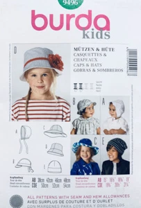Burda Pattern 9496 | Baby & Kids HATS, CAPS & BONNETS | fits Head Sizes 38-54cm - Picture 1 of 2
