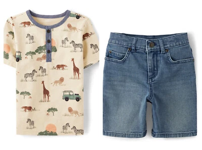 Gymboree Niños 8 Animales de Safari Camiseta Denim Pantalones Cortos Conjunto Nuevo con Etiquetas 2023 Sabana Jirafa Foto 1 de 4