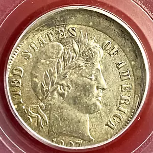 PCGS AU-55 1907 BARBER DIME 10% OFF CENTER ERROR! - Picture 1 of 3