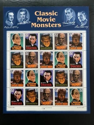 Scott #3168-3172 Classic Movie Monsters Pane of 20 32¢ Stamps (1997) - Image 1 of 2