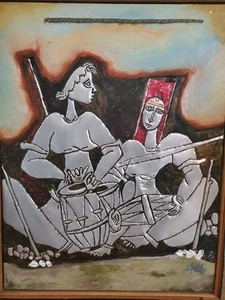 1980s Tribal Modern Painting , Signed Original Vintage Mixed Media On Wood Board - Picture 1 of 2