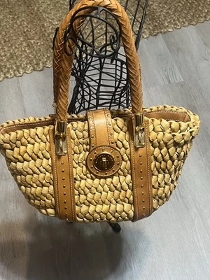 MICHAEL KORS Santorini Raffia Studded Black  Leather Trims Straw Shoulder Bag - Image 1 of 4