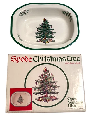 Spode Christmas Tree Open Vegetable Dish Green Trim England Holiday Serving Bowl - Image 1 of 4