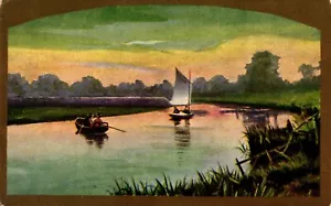 Postal velero y barco de remos pintura escena - Imagen 1 de 2