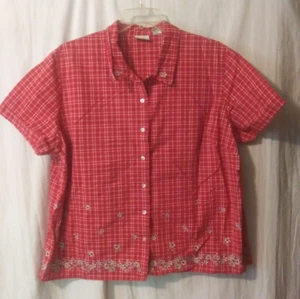 Classic Elements 3X Red White Plaid Floral Embroidered Cotton Button Shirt Top~A - Picture 1 of 9