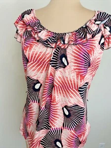 East 5th Pink Black Top Geometric Short Sleeve Ruffle Shirt Sz M Womens - Picture 1 of 10