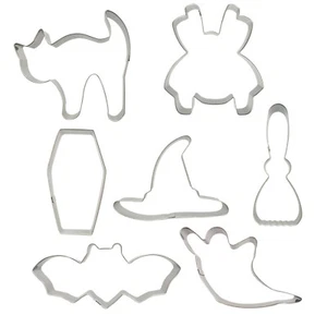 7 Halloween Cookie Cutters Set Metal Ghost Spider Coffin Broom Cat Witch Hat - Picture 1 of 7