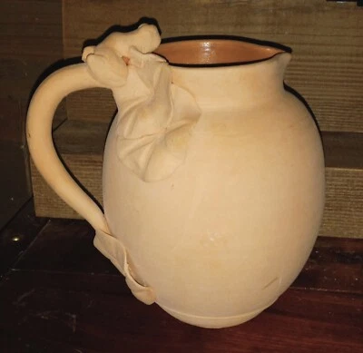 Natural Clay Water Pitcher, Unglazed w/Lilly Pads & Frog On Handle Glazed Inside - Image 1 of 4