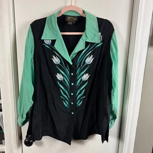Bob Mackie black and mint green silk wearable aer button up shirt - Picture 1 of 7