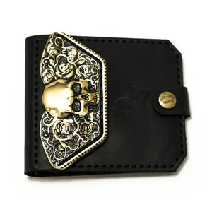 Cartera de cuero para hombre calaveras y rosas, billetera de cuero genuino estilo motociclista, doble pliegue - Imagen 1 de 15