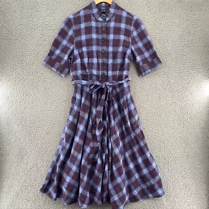 Vestido Eshakti Mujer Pequeño Azul Cuadros Cambray Camisa Botón Delantero Cinturón Retro - Imagen 1 de 12