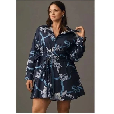 NWOT Anthropologie Hutch Poplin Floral Button-Up Shirt Mini Dress Blue 1X - Image 1 of 4