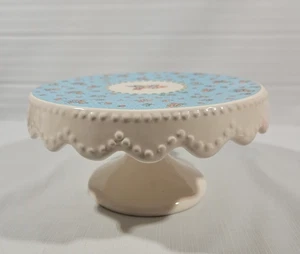 Vtg Mary Engelbreit Cake Stand 10" White Blue Floral Polka Dot Ceramic - Picture 1 of 18