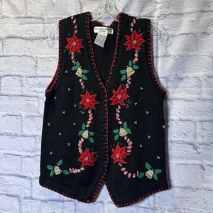 VICTORIA JONES DAMEN SCHWARZ WEIHNACHTEN PULLOVER WESTE BLUMEN & GLOCKEN M PETITE - Bild 1 von 17