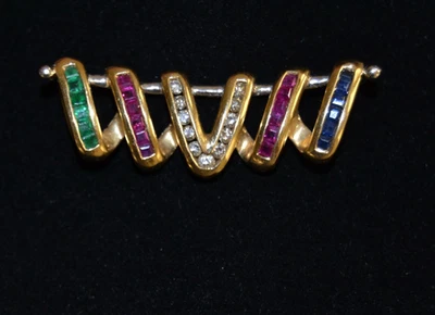 Colgante Zafiro, Diamante, Rubí y Esmeralda "V" 585 Oro Amarillo 14k Inicial 5.30g Foto 1 de 4