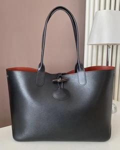 Original Longchamp Roseau reversible Schultertasche, Leder Schwarz-Rot - Bild 1 von 20
