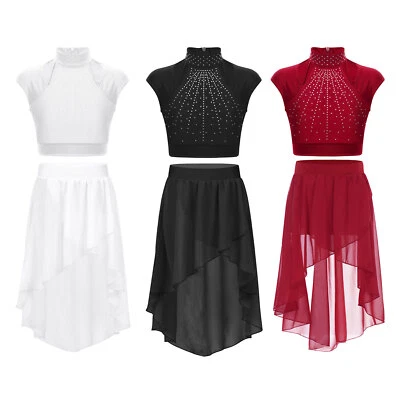 Kids Girls 2 Piece Sparkly Lyrical Dance Outfits Ballet Dress Crop Top and Skirt - Image 1 of 3