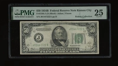DBR 1934-B $50 Kansas City Vinson Fr. 2104-J PMG 25 Serial J01447222A - Image 1 of 2