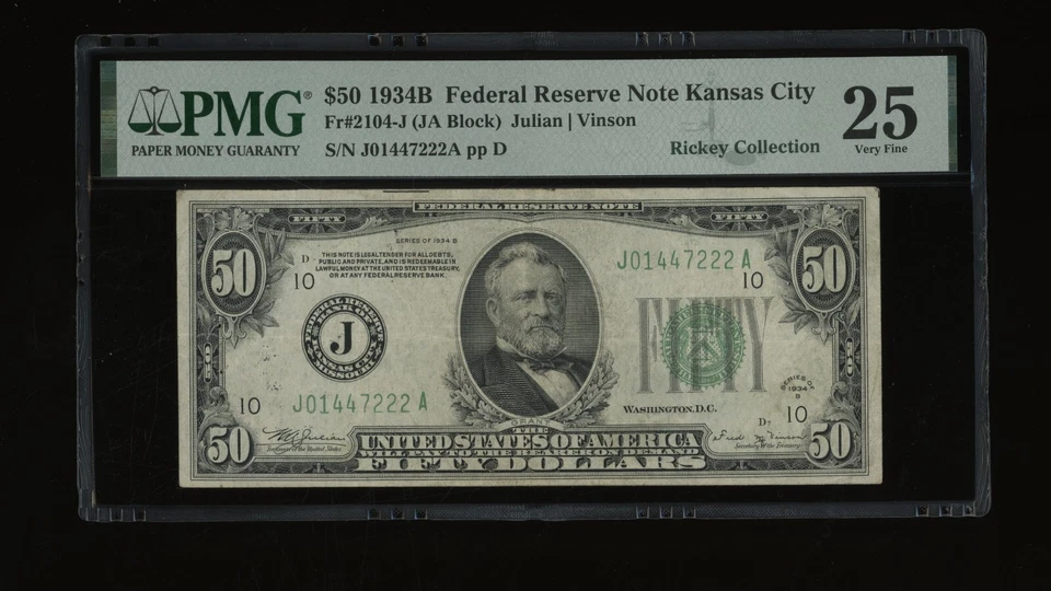 DBR 1934-B $50 Kansas City Vinson Fr. 2104-J PMG 25 Serial J01447222A - Image 1 of 2