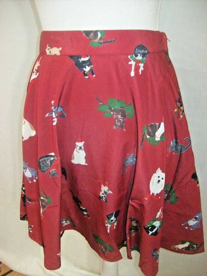 Modcloth Christmas Skirt Sizes S, M, L, 2X Novelty Dog Cat Satin Flare (B201) - Image 1 of 4