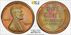 1957 PCGS MS65RB Lincoln Cent Attractive Reverse Toner - Picture 1 of 9