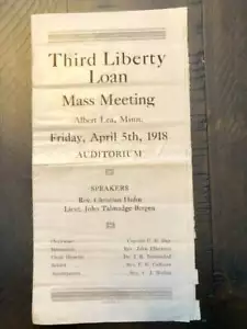 Third Liberty Loan Mass Meeting Brochure 1918 Program Albert Lea Minnesota MN - Picture 1 of 4