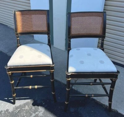 Vintage Alfonso Marina Ornate Cane Chair w White Cushion Rattan Set Of 2 Black - Image 1 of 4