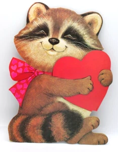 Vintage Eureka Valentine's Day Die Cut Raccoon Hugging Heart Double-Sided Decor - Picture 1 of 5