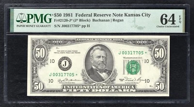 FR. 2120-J* 1981 $50 *STAR* FEDERAL RESERVE NOTE KANSAS CITY, MO PMG UNC-64EPQ D - Image 1 of 2