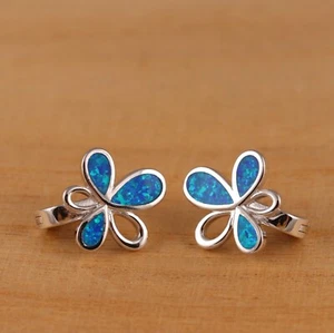 Solid 925 Sterling Silver Blue Opal Flower Shaped V-Hoop Earrings Gift Boxed - Picture 1 of 7