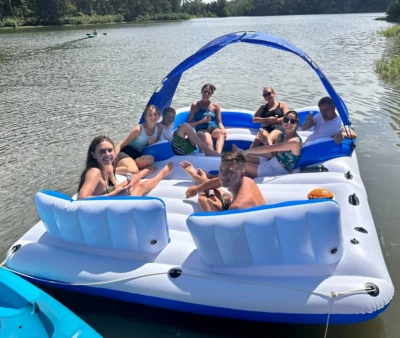 Isla de fiesta flotante inflable grande con toldo parasol adulto balsa lago flotador Foto 1 de 4