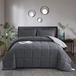 3 Pieces Grey Oversized King plus Comforter Set, Modern Breathable Box Stitched - Picture 1 of 8