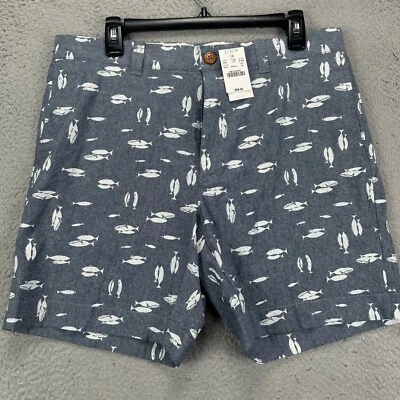 J Crew Reade Mens Khakis Shorts 33 Navy White Fish Print Flat Front Pockets NEW - Image 1 of 4