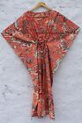 Indian Cotton Loose Short Sleeves Rose Print Orange Free Size Boho Caftan Dress