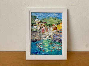 Italia Riomaggiore villaggio dipinto olio su cartoncino estate paesaggio marino quadro - Foto 1 di 9