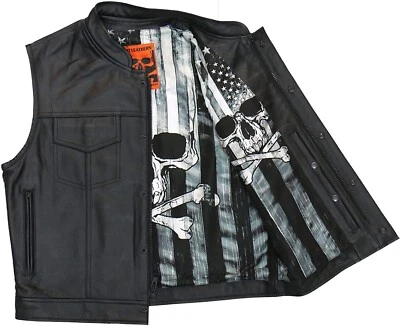 Hot Leathers VSM1054 Men’s Black Skull Flag Motorcycle Club Leather Biker Vest - Image 1 of 4