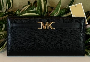 MICHAEL KORS REED LARGE SNAP WALLET FLAP CARD CLUTCH MK BLACK LEATHER GOLD $298 - Picture 1 of 10