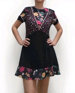 Floral Skater Dress Black Mini Short Sleeve Summer Holiday Size 10 - Picture 1 of 8