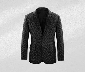 Dark Look Vibe: Cool Men's Black Quilted Leather Blazer Coat for Night Out - Picture 1 of 4