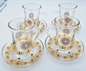 Taza de té y platillo de vidrio turco con decoraciones doradas - Juego de 4 - Imagen 1 de 7