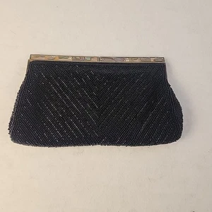 Vintage Black Beaded Clutch Evening Bag Purse Seashell Embellishments - Picture 1 of 5