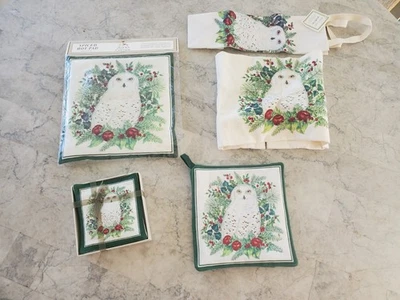 Alice's Cottage Scented Spiced Snowy Owl Lot Mug Mats Hot Pad Flour Sack Caddy - Image 1 of 4